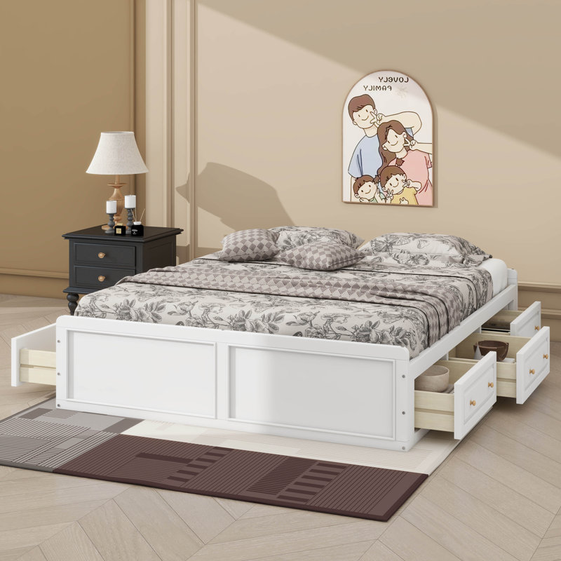 Base de lit grand format en bois avec six tiroirs, Blanc