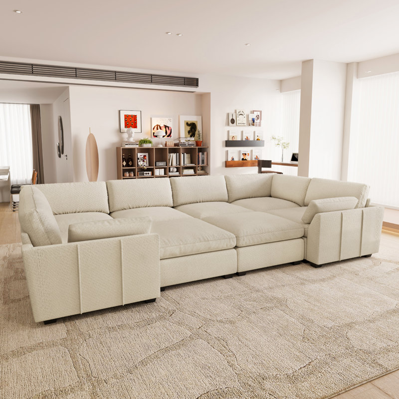 Canapé 4 places en chenille imperméable en forme de U avec doubles sièges d'angle et doubles poufs, Chenille beige