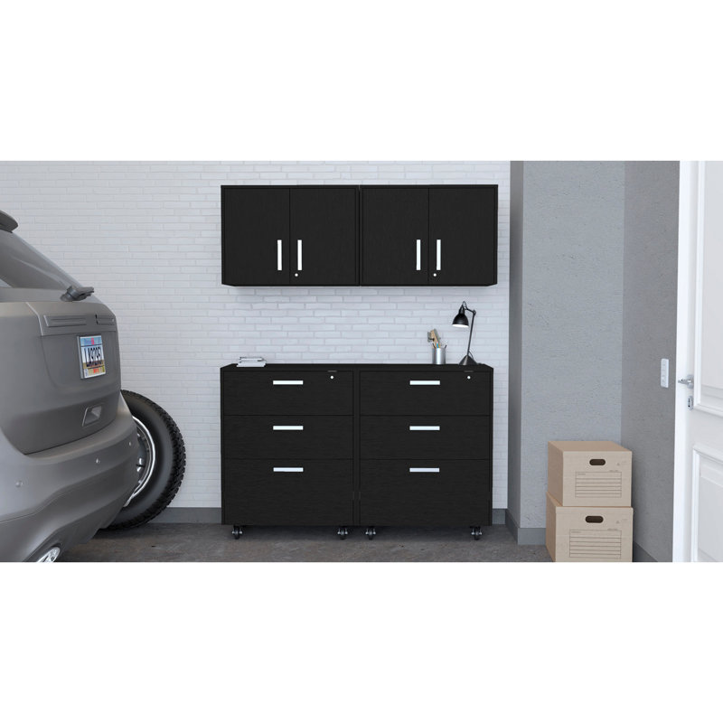 2 Piece Black Garage , Ample Storage With 3 Drawers & Wall Installation Option In Black, Spacious Easy Mobility