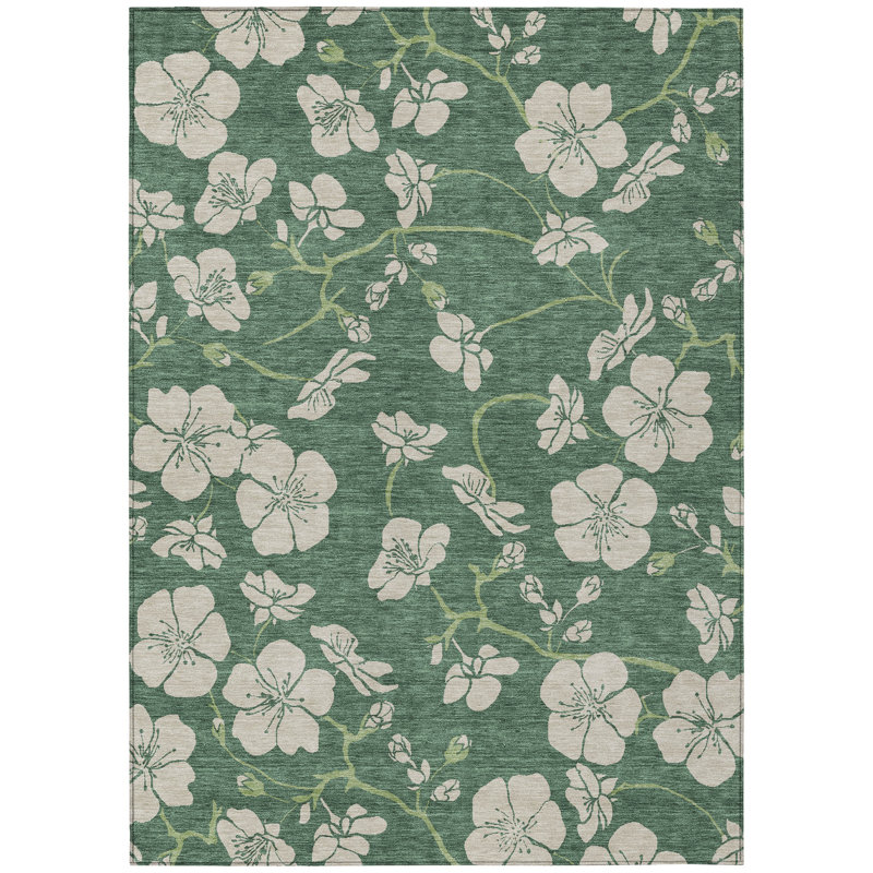 Sage Floral Synthetic Washable Rectangular Area Rug