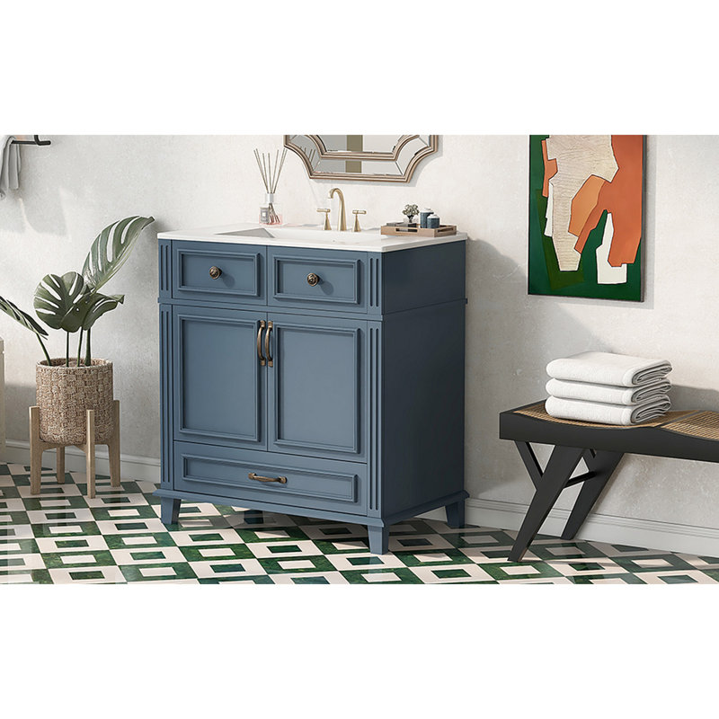 Meuble-lavabo de 30 po avec lavabo en céramique, armoire de rangement en bois massif avec portes à fermeture douce, style rétro