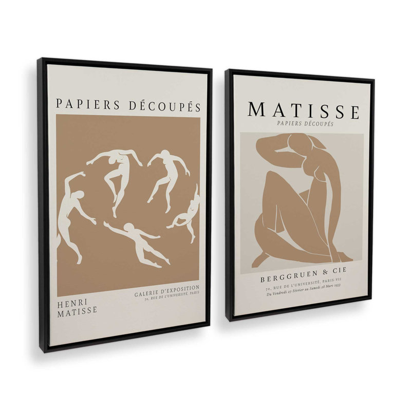 Ensemble de 2 Matisse La Danse et Nus Brun, H 36 po x l 50 po, Cadre flottant noir satiné