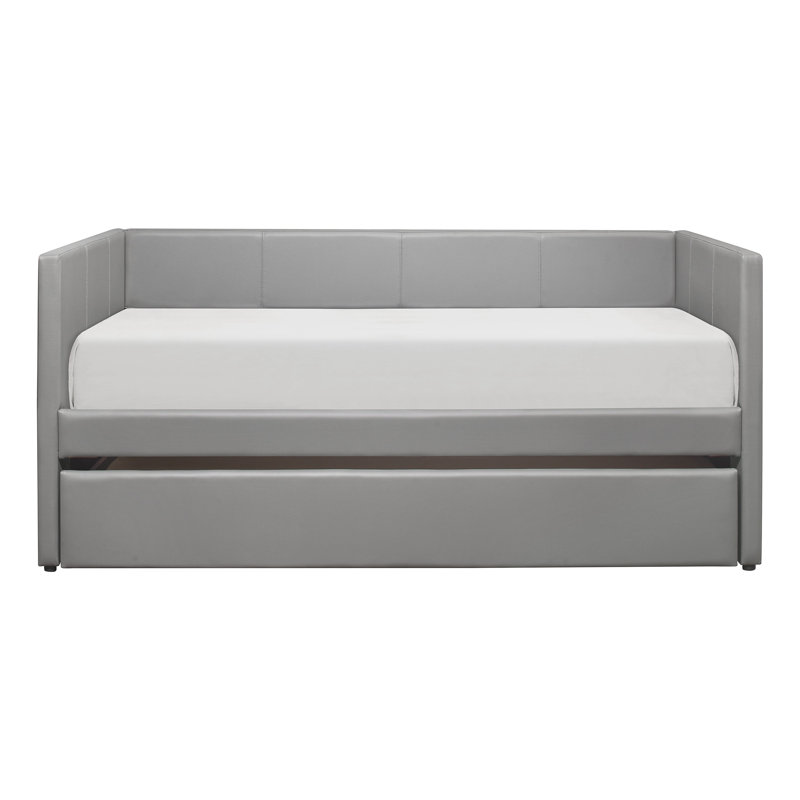 Faux Leather Upholstered Contemporary Daybed With Trundle Wooden Furniture 1Pc, Gray