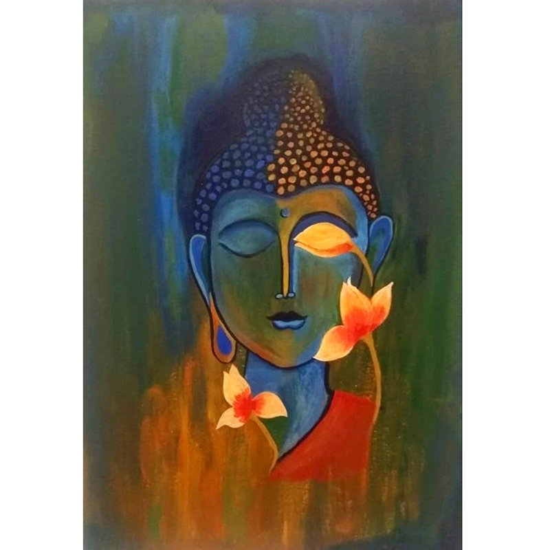Bouddha paisible avec des fleurs | Acrylique sur toile Cavas