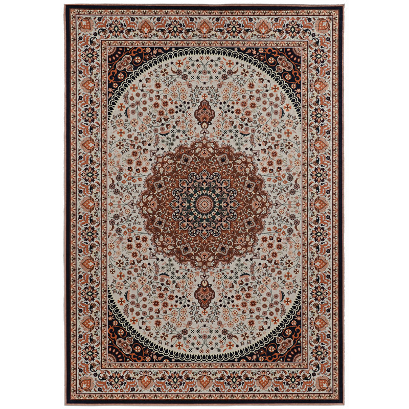 Emanuel Traditional Machine Woven Flatweave Cream and Copper Area Rug with Non Skid Backing, Rectangle 6'7" X 9'7"