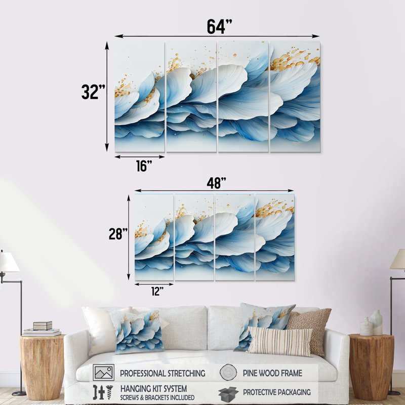 Ocean Blue Delicate Floral Petals I - Flowers Wall Art - Modern Wall Art Canvas, 28'' H x 48'' W, 4
