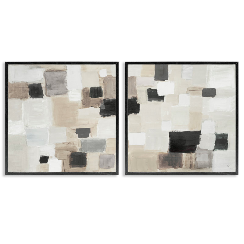 «Neutral Patchwork Squares», ensemble de 2 giclées par Lanie Loreth, H 12 po x l 12 po, Giclée encadrée noir minuit