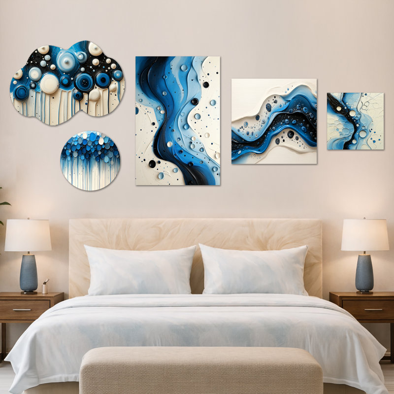 Ensemble de 5 panneaux décoratifs abstraits, toile et métal Rhythic Driauge River II (100 po x 40 po), Metal + Canvas