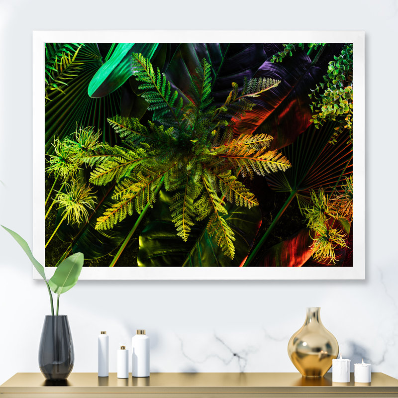 Feuilles tropicales ton sur ton noir - photographie sur toile, H 16 po x l 32 po, Cadre de coin blanc fermé
