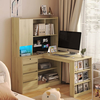 Charging Function Equipped L-Shaped Corner Desk, LED Light Integrated Computer Workstation With Drawer & Bookshelf For Home Study & Gaming