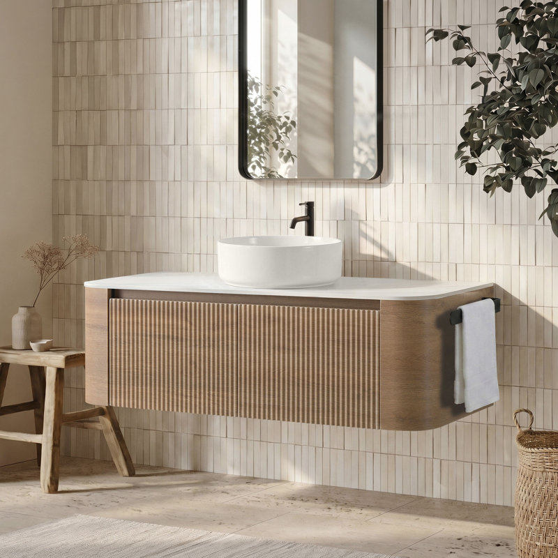 Meuble-lavabo flottant 48 po avec lavabo vasque et porte-serviettes 48 po, Honey Oak, Snow White