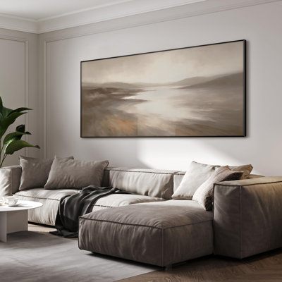 Très grande reproduction d'art sur tissu mural - Paysage côtier brumeux avec des reflets doux, décoration pour le salon ou la chambre à coucher - «Assemblage requis du cadre (cadre non fini)»