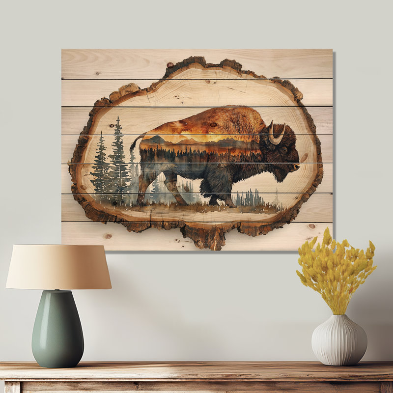 Bison américain dans une double exposition Canyon III - décoration murale en bois animal Buffalo - sur bois de pin naturel