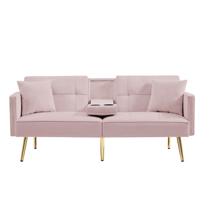 Lit de jour en velours rose doré avec pieds réglables, dossier réglable, siège à ressorts à arc, 2 poches latérales, porte-gobelet pour lit convertible avec 3 angles, support, poche, rembourrage en mousse, accoudoir carré, fabrication