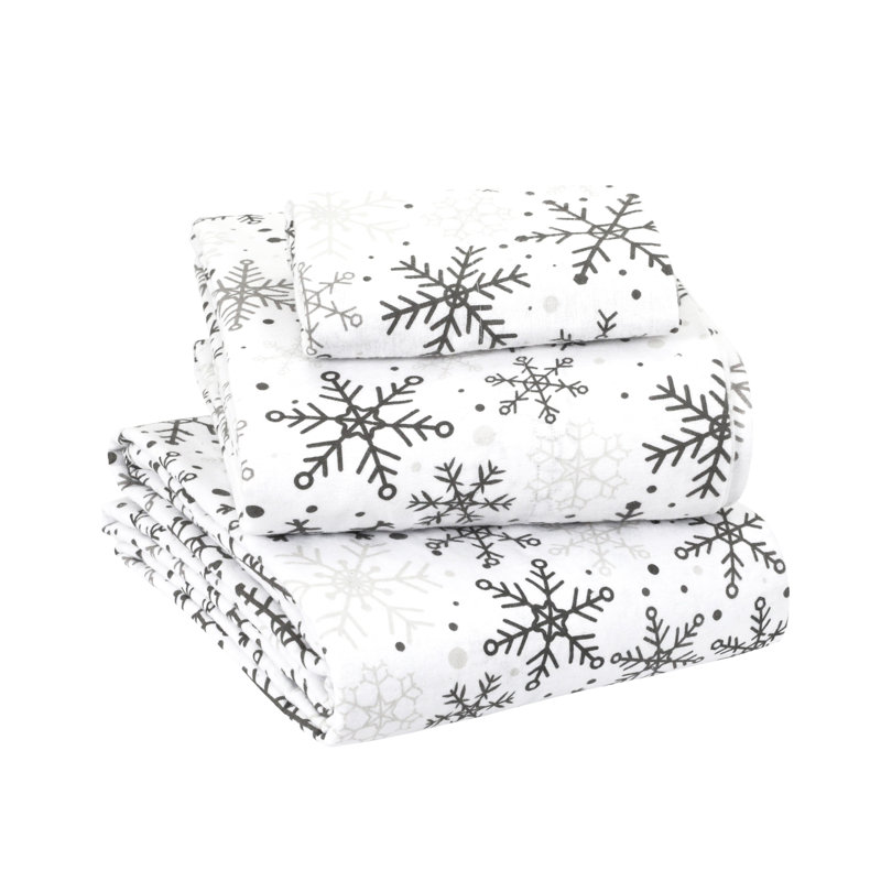 Colyt 100% Cotton Flannel Sheet Set, Twin Sheet Case Pack+Fitted Sheet + 2 Pillowcase, Grey Snowflakes
