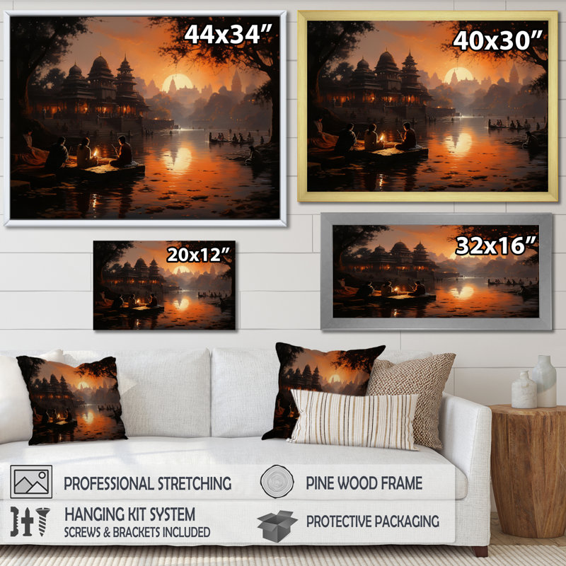 Hinduisim Sunset Aarti II - Spiritual Wall Art Prints, H 30 po x l 40 po x P 1,5 po, Cadre flottant doré