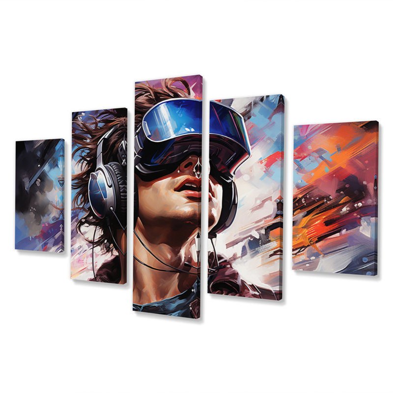 Jeu vidéo, aventure numérique, portrait I - divertissement, reproduction d'art mural - 5 panneaux