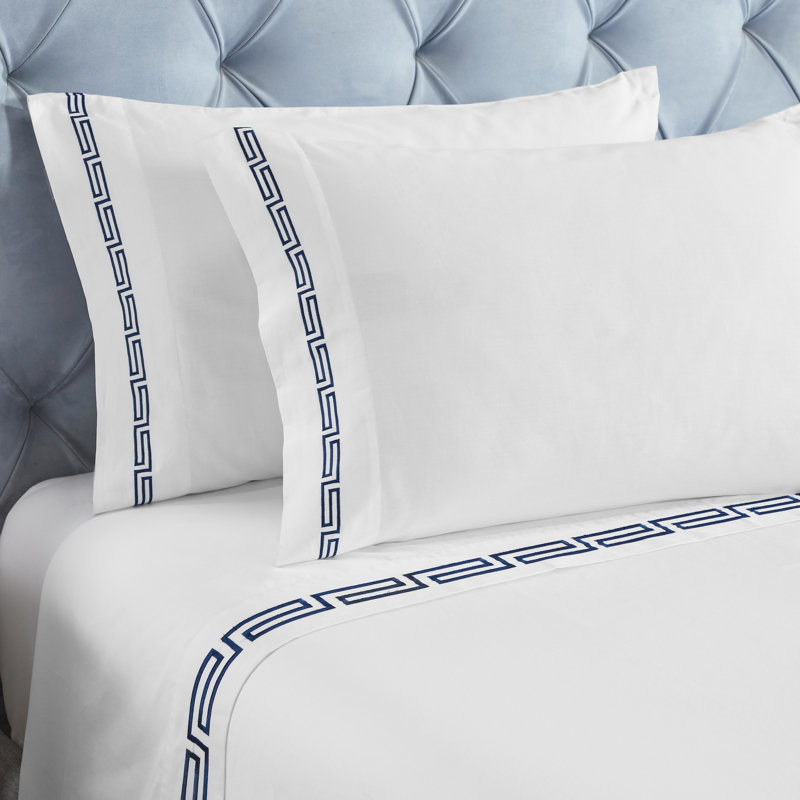 Ensemble de draps Harrison, Ensemble de draps pour taille de lit simple avec u, Blanc/bleu marine