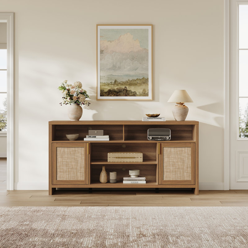 63"W Modern Boho Rattan Tv Stand With Storage Cabinet And Adjustable Shelves, Entertainment Center For Living Room,Bedroom