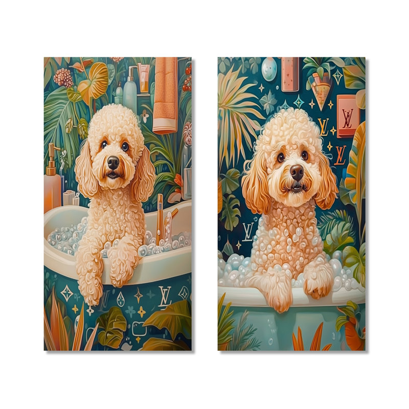 «Poodle Dog Bath Time Bubbles I - Blue Pet», ensemble de 2 reproductions d'art mural en métal, H 32 po x l 32 po