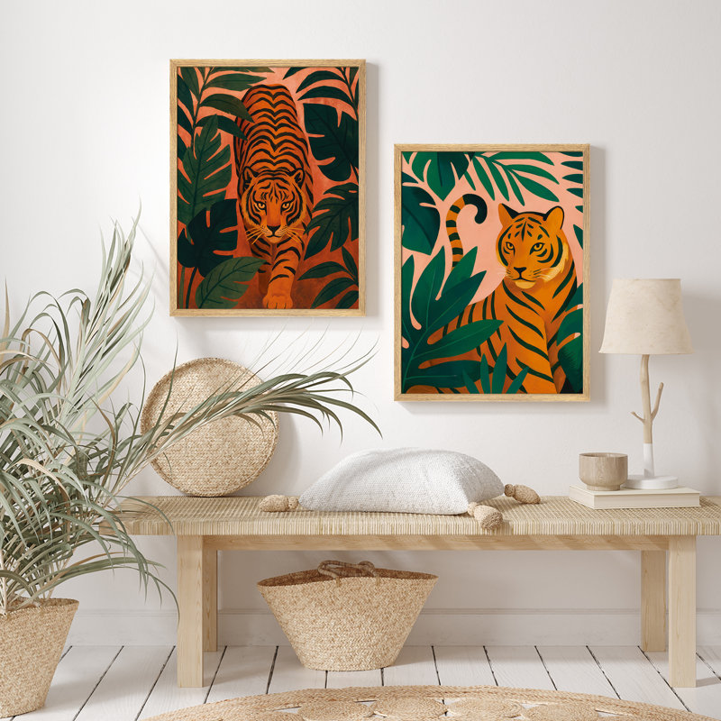 «Jungle Tiger», ensemble de 2 reproductions d'art mural audacieux sur la faune tropicale encadrée pour un décor éclectique de salon ou de bureau