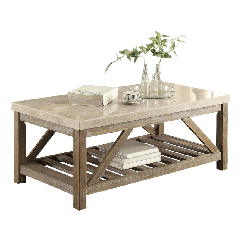 Industrial Style Angled Support 1Pc Cocktail Table With Bottom Shelf Marble Top Creamy White Wooden Living Room Furniture Coffee Table