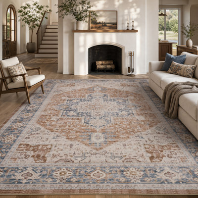 Soft Vintage Floral Washable Area Rug with Non-Slip Backing for Living Room and Bedroom