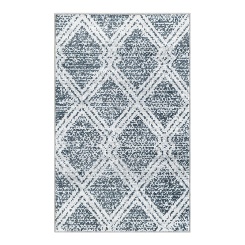 Tapis géométrique en polyester bleu / ivoire Massie, Rectangle 2 pi x 3 pi 1 po