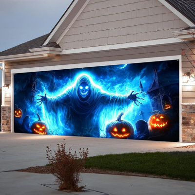 Halloween Garage Door Cover Decorations, 7 X 16 Ft Large Skull Garage Door Cover, Scary Ghost Garage Buddy Halloween Outdoor For Wall Yard Outside Decor