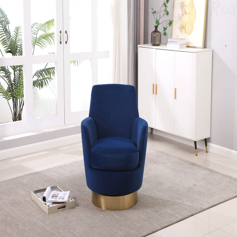Fauteuil demi-tonneau pivotant en velours, fauteuil d'appoint pivotant pour le salon, fauteuil de lecture pour la chambre à coucher confortable, fauteuil demi-tonneau rond avec base en acier inoxydable doré (bleu marine)