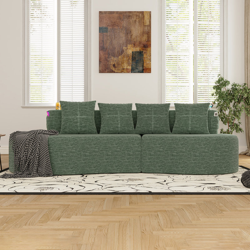 Canapé modulaire 3 places avec coussins, porte-gobelet et poche latérale, Green Chenille