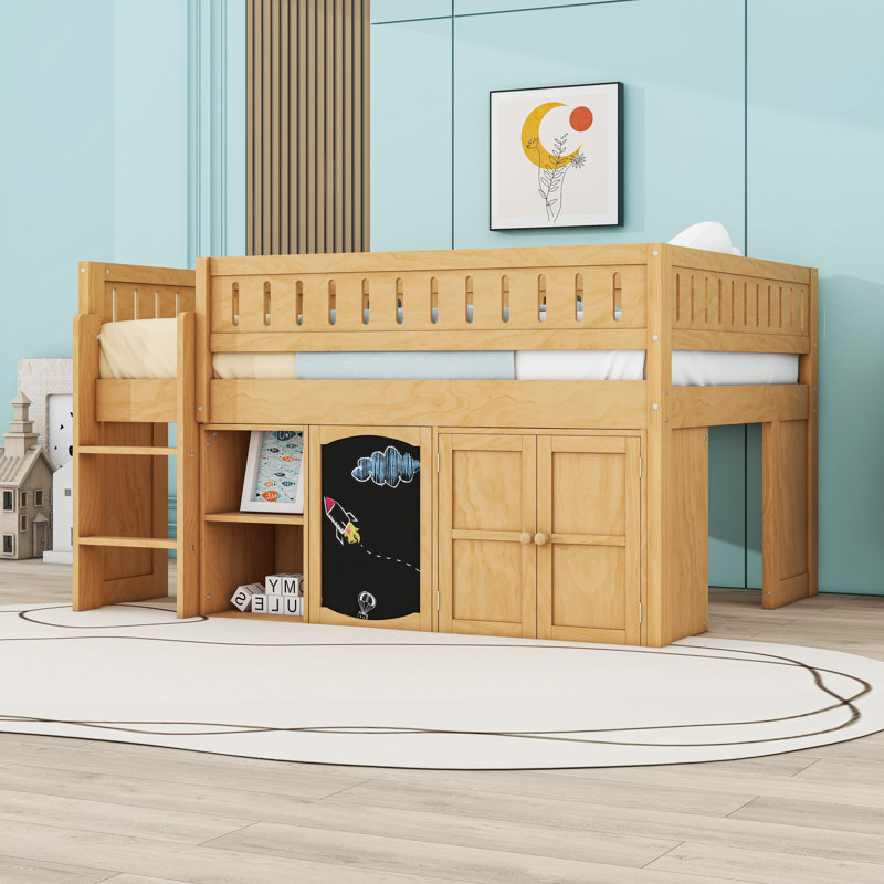 Lit mezzanine double avec échelle et armoire de rangement, Naturel