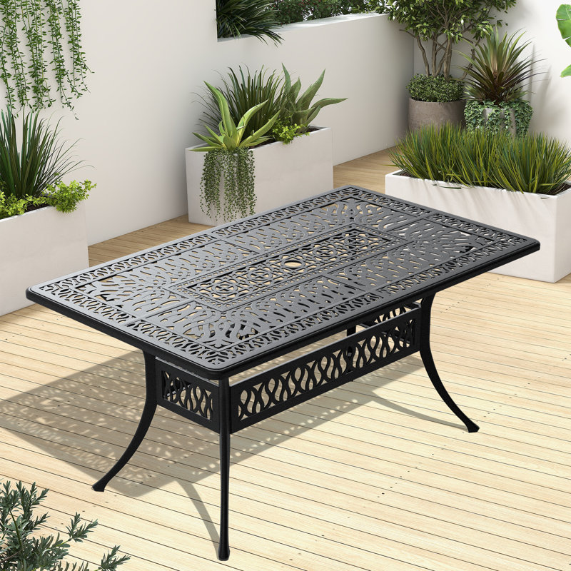 Table de salle à manger en fonte d'aluminium avec trou pour parasol et cadre noir, 58 po x 35 po | Idée de cadeau