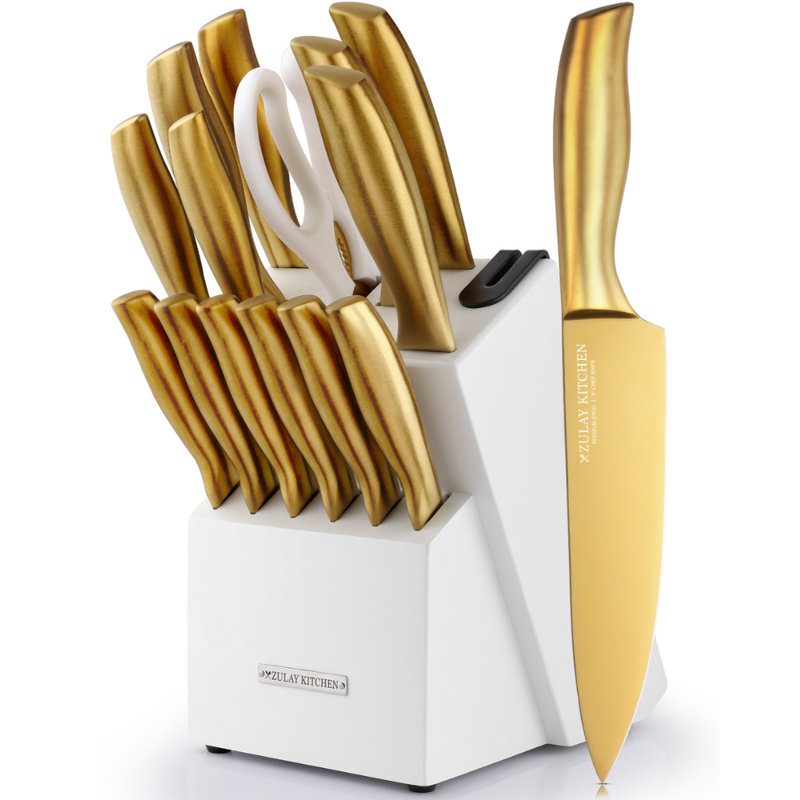 Ensemble de couteaux 15 pièces Zulay Kitchen Premium avec bloc en bois naturel et aiguiseur intégré, Blanc, Or, Or