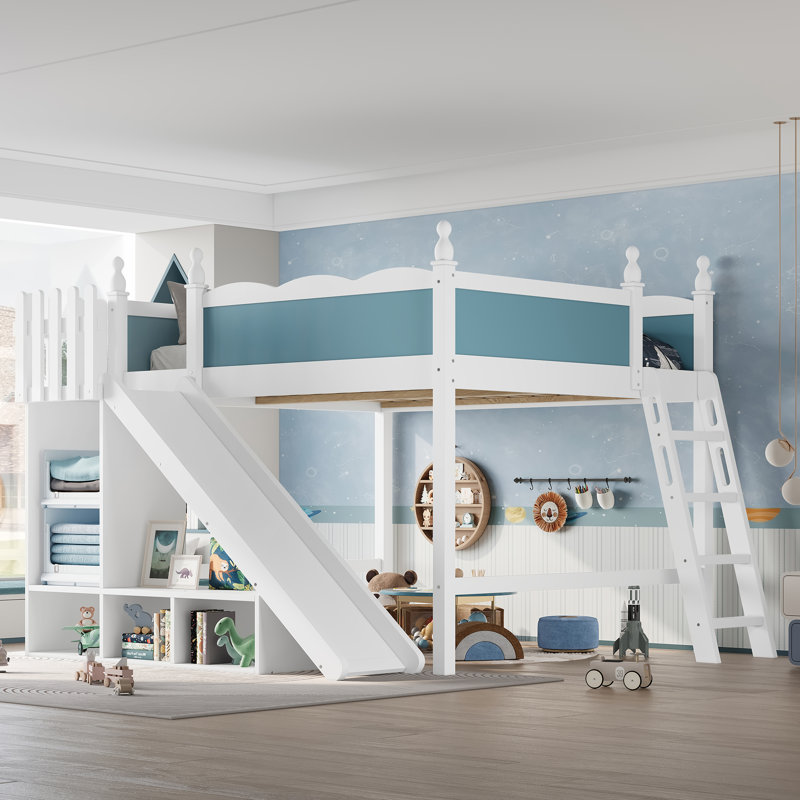 Lit mezzanine double avec tablettes de rangement et armoire, lit mezzanine pour enfants en bois massif avec échelle et échelle détachables, naturel