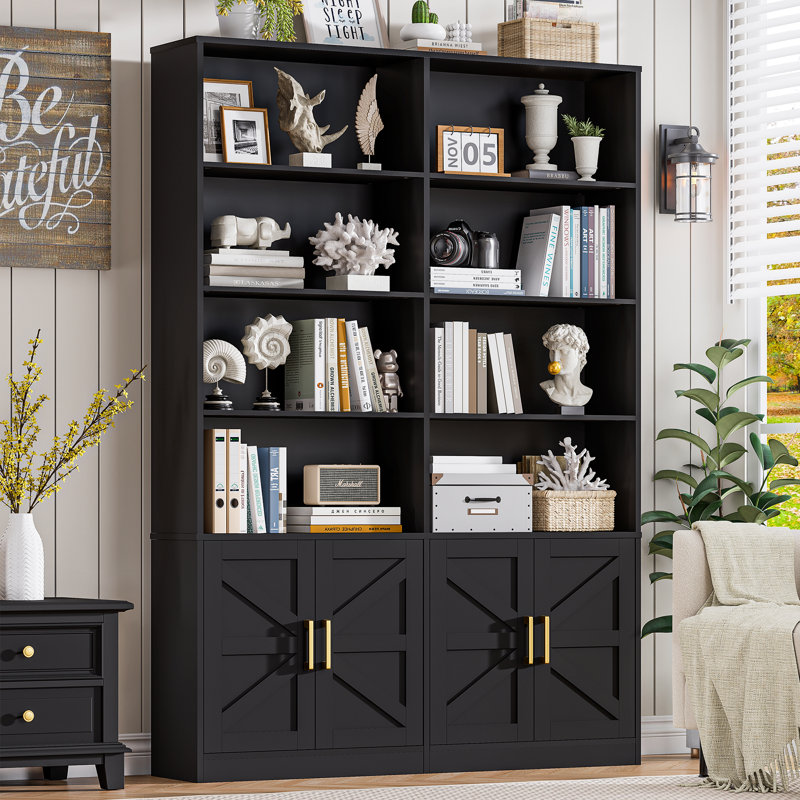 71" Tall 6 Tier Double Bookshelf with 4 Doors Modern Open Display Bookcase with Storage Cabinets Set of 2 for Home Office Living Room Black