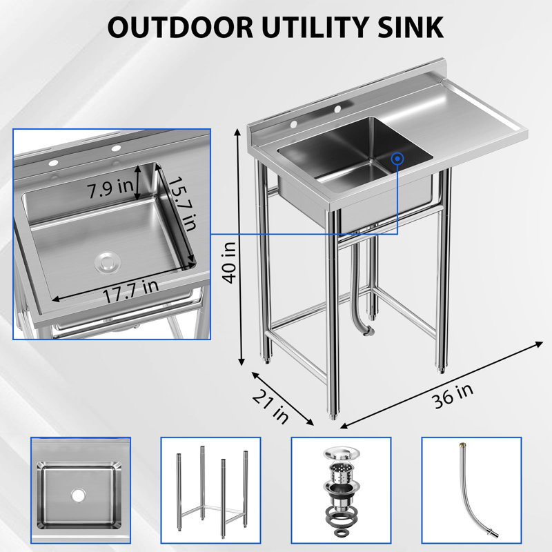 Évier utilitaire en acier inoxydable de 36 x 21 x 40 po, bol simple autoportant avec dosseret et tablette de rangement