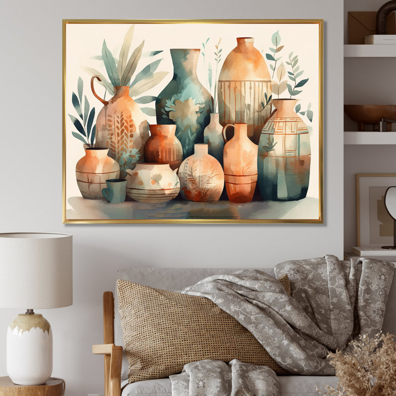 Vase en céramique orange et vert Rosslyn I - Boho Pottery, H 16 po x l 32 po x P 1 po, Cadre flottant doré