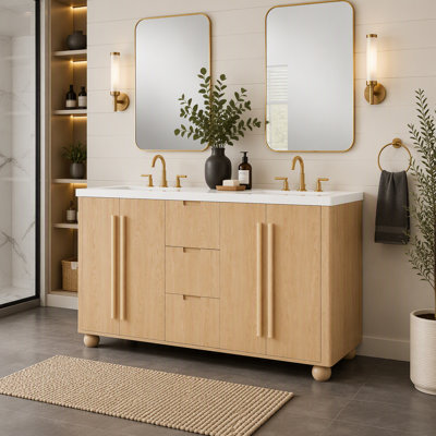Meuble-lavabo double 59,1 po avec lavabos en résine, poignées en bois massif, grain de bois naturel, portes à fermeture en douceur et 3 tiroirs, tablettes réglables, couleur bois
