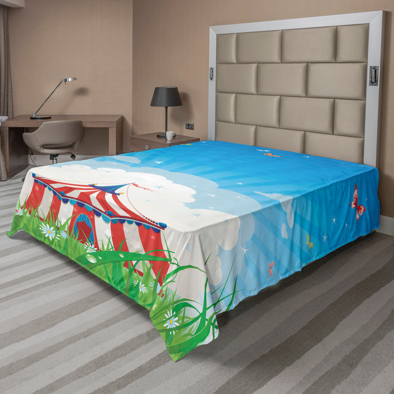 Ambesonne Retro Top Flat Sheet Circus Tent with Clouds Red Green Blue, California King Flat Sheet