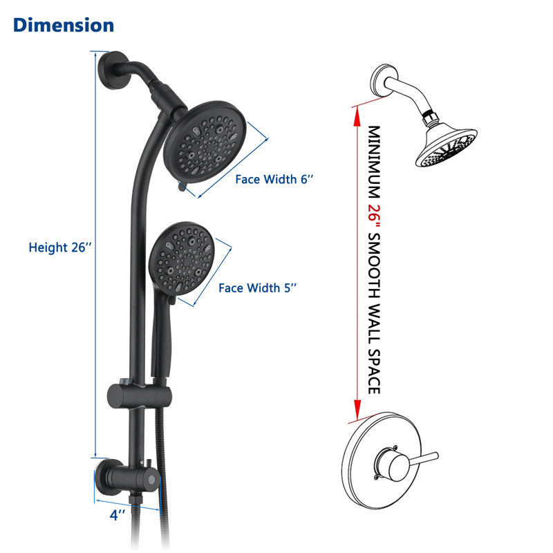Pomme de douche à pluie avec douchette à main, barre coulissante réglable sans perceuse de 26 po, Noir mat