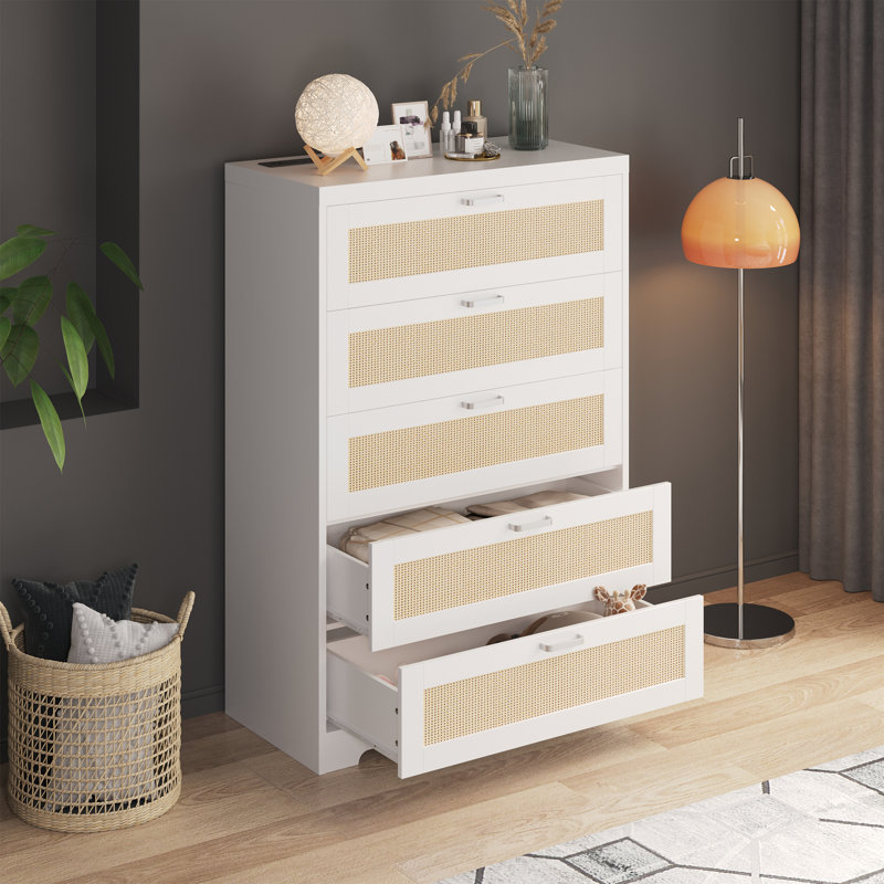 Commode 5 tiroirs en rotin, commode en bois avec plateau large, Blanc