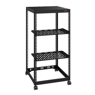 20U Open Frame Network Rack on Casters, 4-Post with 2 Vented Shelves for IT Equipment, AV Gear, Router & Modem
