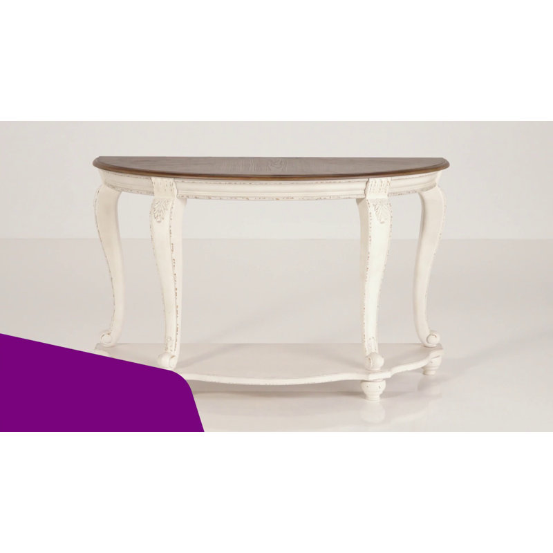 Realyn Demilune Sofa Table with Storage in Distressed White/Brown