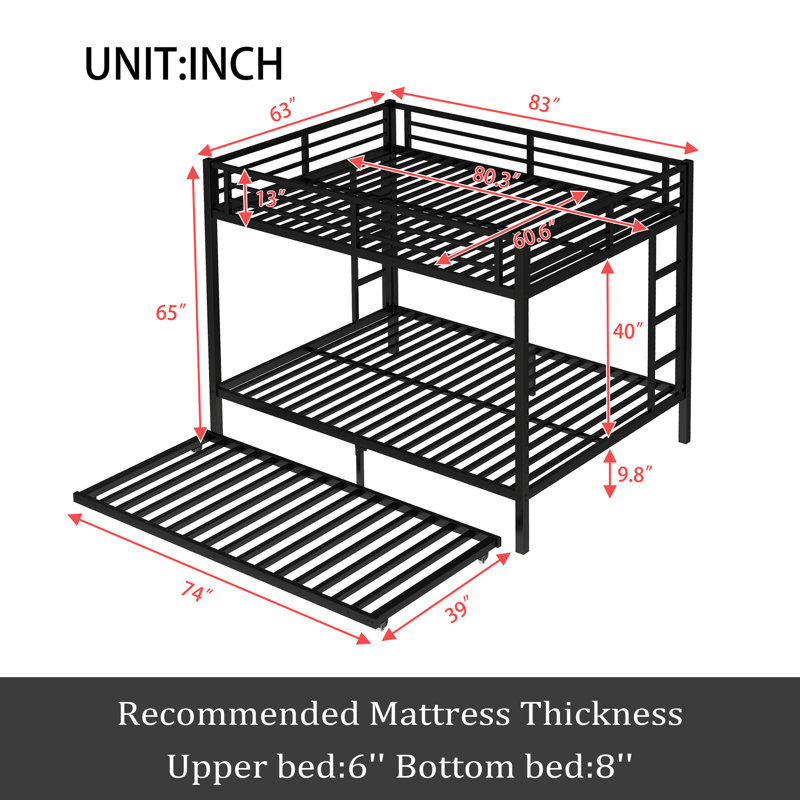 Metal Bunk Bed With Twin Size Trundle, Queen Over Queen