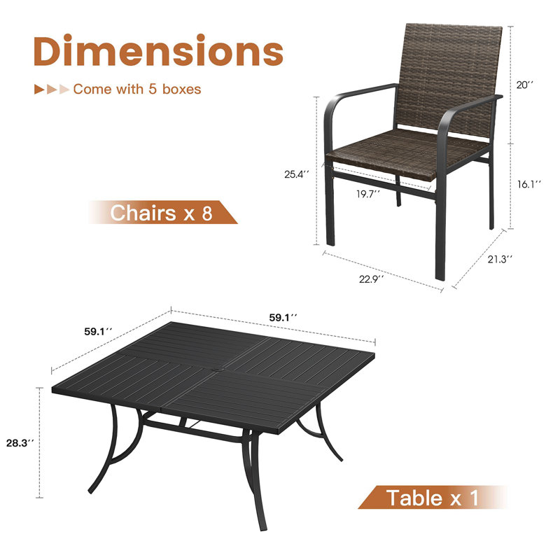 Ensemble repas pour 8 personnes avec table de salle à manger en métal 59 po et 8 chaises en rotin, Noir/noyer