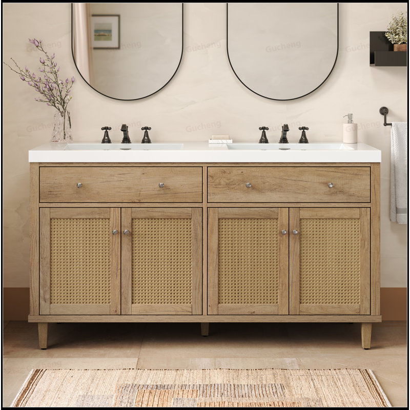 Meuble-lavabo 60 po avec lavabo double et portes à fermeture douce, Naturel