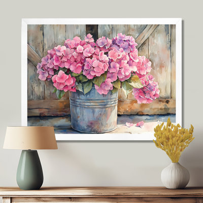 «Distin Hydrangeas In A Tin Bucket I», art mural hortensias