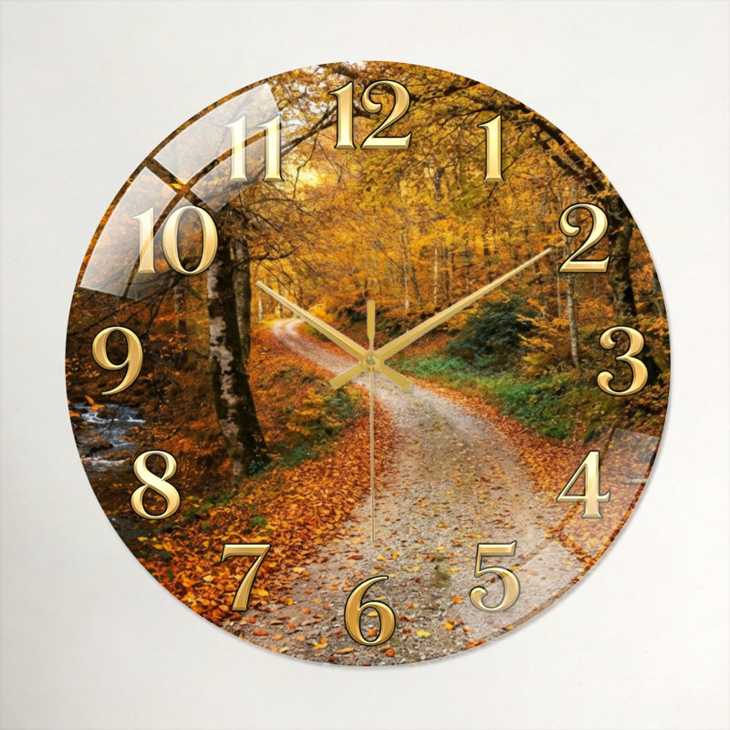 "Autumn Path", horloge murale en verre, 40 x 40 cm (15,7 x 15,7 pouces)