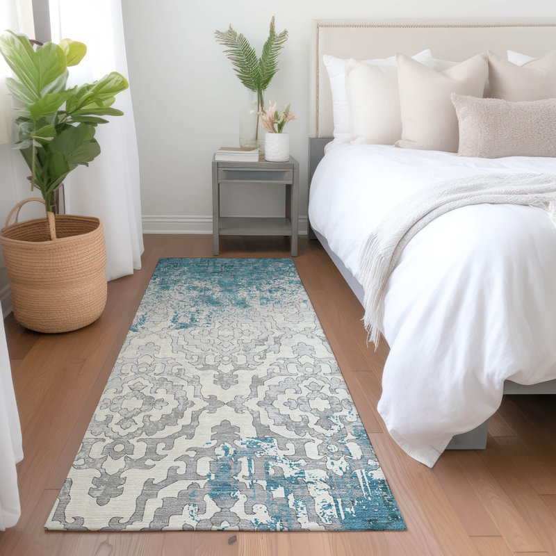 Tapis gris / bleu sarcelle tissé à la machine Lamanna, Tapis de couloir 2 pi 3 po x 7 pi 6 po